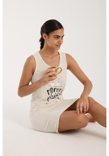 Akbeniz Kadın Kalın Askılı Penye Gecelik Ekru Ekru