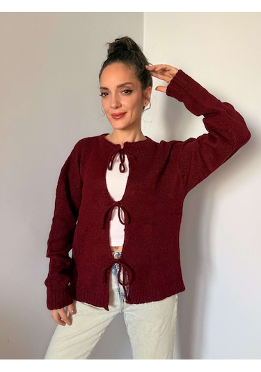 Ali Butik Bordo Önden Bağlamalı Triko Hırka Bordo