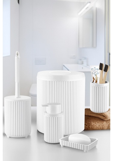 Lines Serisi Beyaz Banyo Seti, 5 Parça Lüks Akrilik Çöp Kovası, Fırça, Sabunluk Banyo Aksesuar Seti 3375 Beyaz
