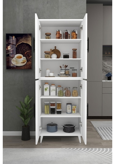 Meta 6 Raflı 4 Kapaklı Çok Amaçlı Xl Dolap Mutfak Banyo Balkon Erzak Killer Dolabı - Beyaz