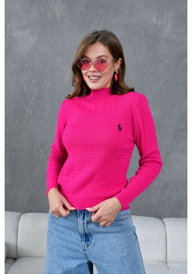 Kadın Dik Yaka Saç Örgü Nakış Detaylı Triko Kazak Fuşya