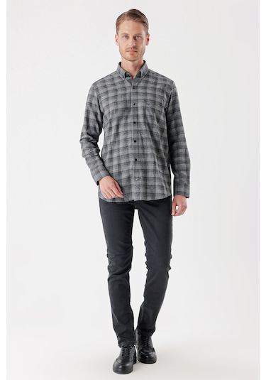 Siyah Uzun Kollu Ekoseli Gabardin Sert Yaka Cepli Casual Comfort Fit Gömlek 1004235113-siyah Siyah