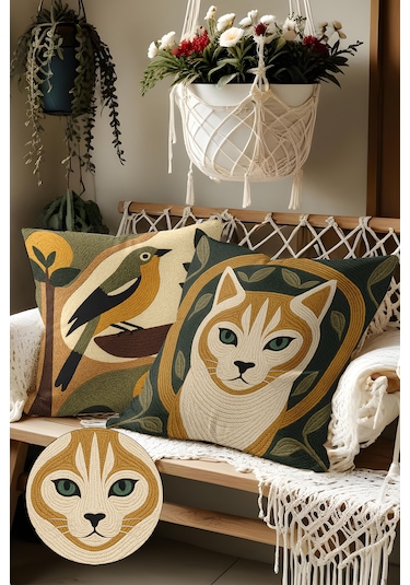 2 Li Nakış Desenli, Çift Taraflı Baskı, Kırlent Kılıfı Seti 16