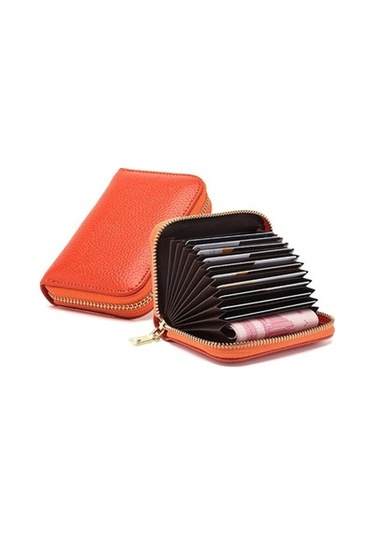 1626 Kısa Rfıd Hırsızlığa Karşı Fırça Çoklu Kart Bağlama Kartı Paketi Bayanlar Dana Fermuarlı Cüzdan Turuncu Turuncu