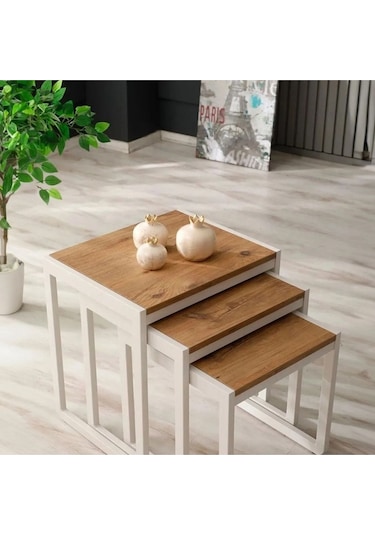 Doğal Ahşap Masif Panel Üçlü Zigon Sehpa Beyaz