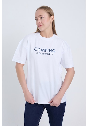 Velvoria Unisex Oversize Siyah Camping T-shirt Beyaz