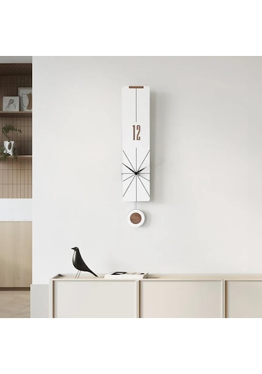 Cajuart Modern Uzun Ahşap Beyaz Çarpraz Çizgili Sarkaçlı Duvar Saati
