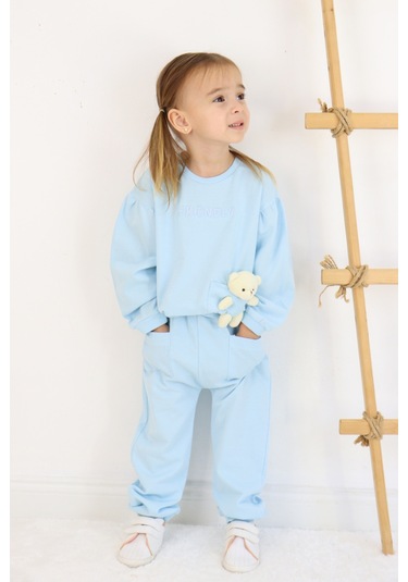 Kız Çocuk Orta Kalınlıkta Ayıcık Oyuncaklı Eşofman Takımı Mavi