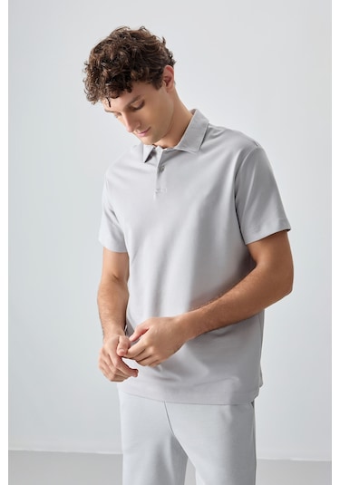 Tommy Life Taş Pamuklu Kalın Yumuşak Dokulu Polo Yaka Oversize Fit Basic Erkek T- Shirt - 88381 Taş
