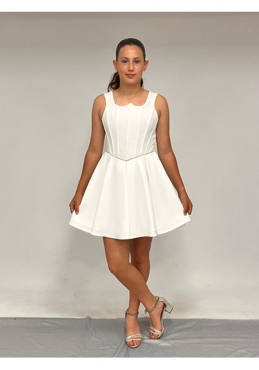 Kız Çocuk Abiye Krem Krep Kısa Bel İnce Şerit Taş Detaylı Taş Kısa Abiye Elbise 10-15 Yaş Krem