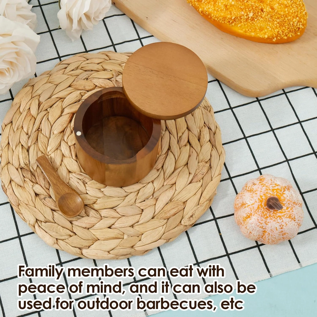 Kosona Akasya Ahşap Baharat Depolama Kavanozu, Manyetik Döner Kapak Ve Kaşık İle Tuz-biber Saklama Kutusu Ahşap Rengi