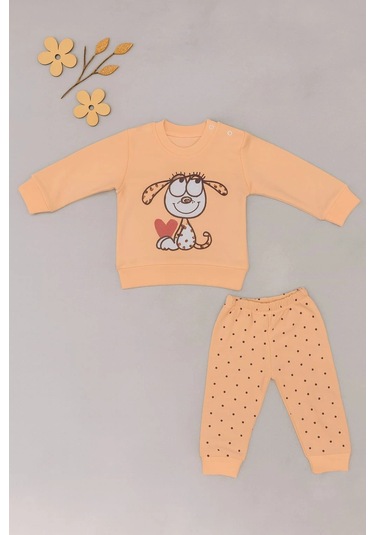 Bebek 2 Li Takım Sevimli Köpek Baskılı Sweatshirt Ve Noktalı Pantolon Turuncu