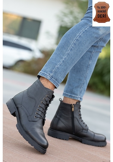 Garantili D4002 Hakiki Deri Soğuk Geçiremez Kışlık Erkek Bot Siyah