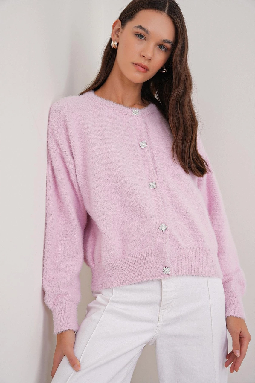 6902 Kadın Sakallı Basic Yumuşak Dokulu Triko Hırka Pembe Pembe