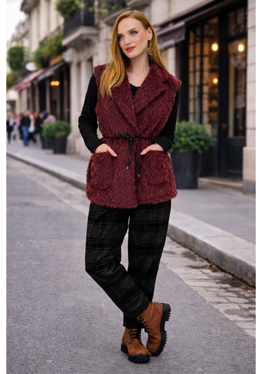 Eren Style İtalyan Kemer Detaylı Keçe Yelek Bordo