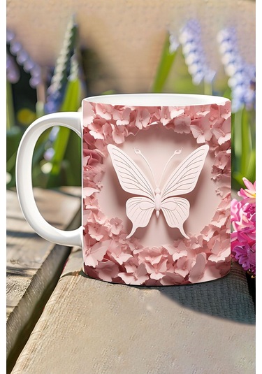 3d Görünümlü Pembe Çiçek Ve Kelebekler No:2 3d Tasarım Baskılı Kupa Bardak Mug Renkli