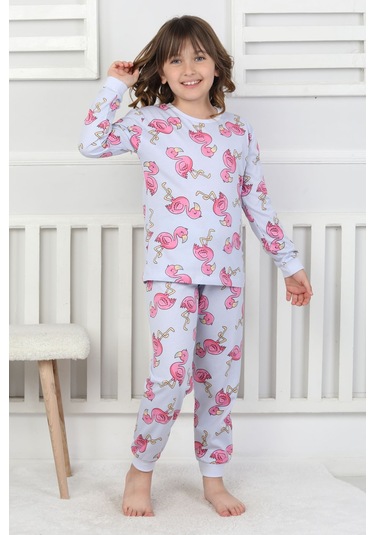 Cute Flamingo Desenli Kız Çocuk Pijama Takımı Mavi