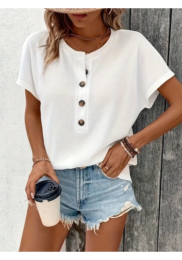 Kadın Kısa Kollu Yakası Açık Önden Düğmeli Waffle Bluz Beyaz