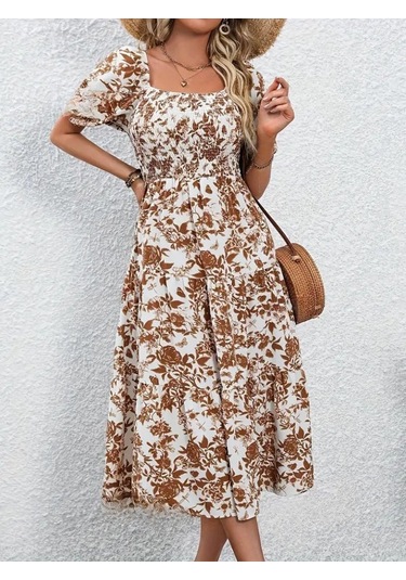 Kadın Kısa Kollu Kare Yakalı Lastikli Desenli Süprem Elbise Kahve