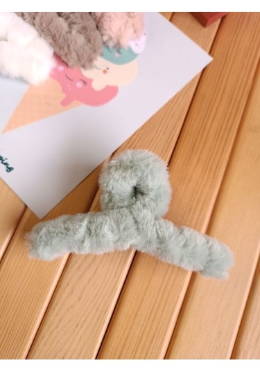 Peluş Tüylü Mandal Toka - Yeşil