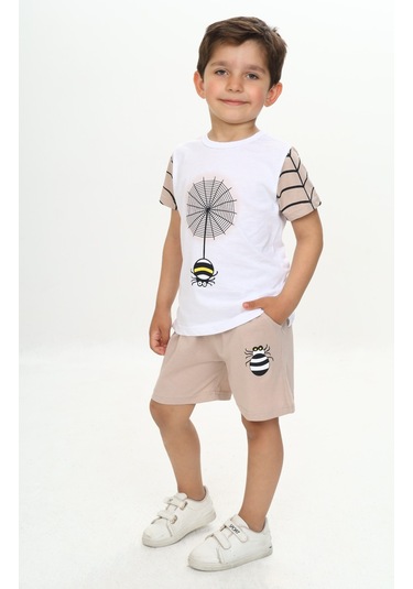 Toontoy Erkek Çocuk Örümcek Detay Baskılı Şortlu Takım Bej