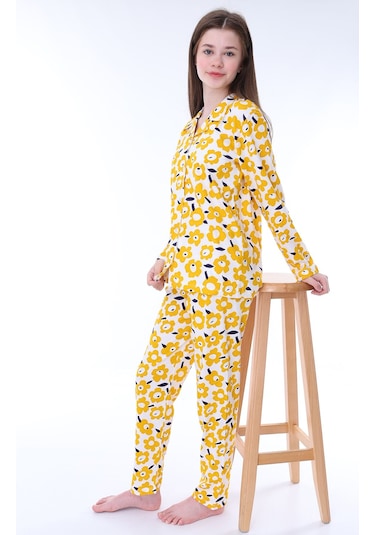 Zuzunga Sarı Papatya Desenli Düğmeli %100 Pamuk Kız Çocuk Pijama Takımı Sarı