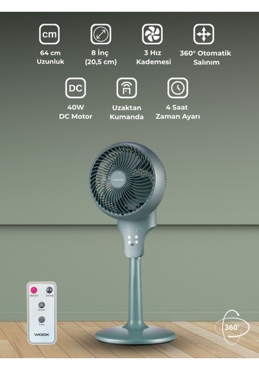 Woox 8 İnch 360 Derece Salınımlı Uzaktan Kumandalı Dokunmatik Ekran 64 Cm Zaman Ayarlı Ayaklı Vantilatör