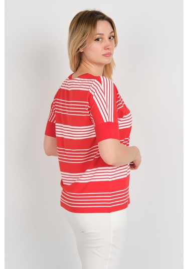 Sistas Kadın Kol Uçları Likralı Çizgili Kısa Kol Bluz 24201 Kırmızı Kırmızı