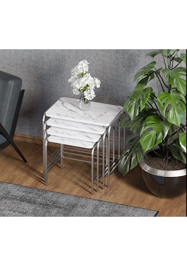 4'Lü Zigon Sehpa Nikelaj Ayaklı Beyaz Mermer Desenli