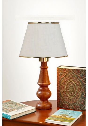 Ahşap Gövdeli Kumaş Başlıklı Dekoratif Abajur Masa Lambası Aydınlatma Lamba Krem