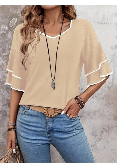 Modaserdem Kadın Kısa Kollu V Yakalı Viskon Bluz Bej