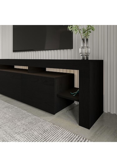 Beliz Modern LED Işıklı 3 Kapaklı, Raflı TV Sehpası – 192 cm, Ahşap Siyah