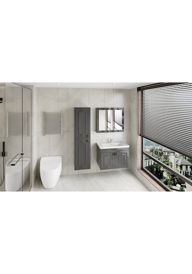 Mr Clk Antrasit Gri 80 Cm Banyo Alt Dolap + Üst Dolap + Yan Boy Dolap +lavabo Antrasit - Gri