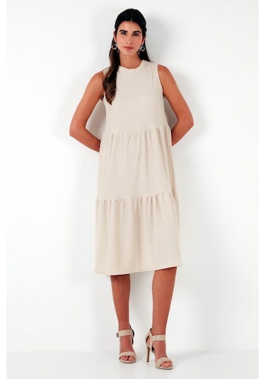 Lela Regular Fit Kolsuz Midi Bayan Elbise 5869008 Taş