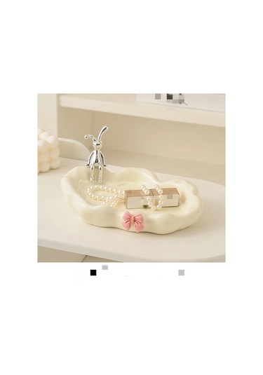 Maxaccess Beyaz Tavşanlı Porselen Tepsi: Takı, Kozmetik, Anahtar İçin Dekoratif Saklama Kutusu Beyaz