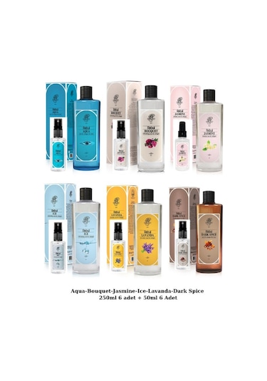 Rebul Aqua + Bouquet + Dark Spice + Jasmine + Ice + Lavanda Cam Şişe Kolonya 6 x 250 ML + Sprey Kolonya 6 x 50 ML