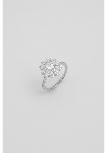 Emma 18 Ayar Beyaz Altın Kaplama Gümüş Tasarım Yüzük Beyaz