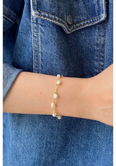 Kadın Dorika Toplu Doğal İnci Kolye Bileklik İkili Set 45 Cm / Sarı Gümüş