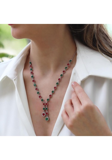 Turmalin Taşlı Su Yolu Otantik Gümüş Kolye Gümüş