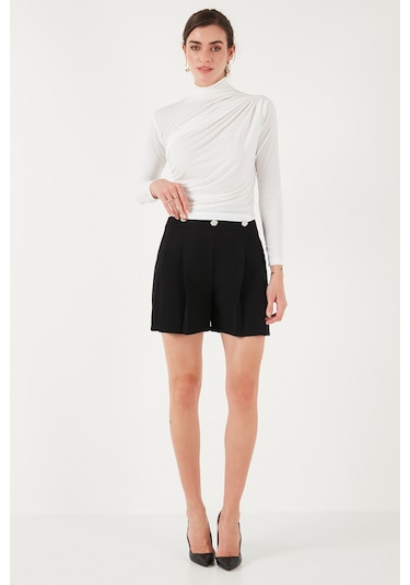 Lela Streç Büzgü Detaylı Slim Fit Dik Yaka Bayan Bluz 669925 Ekru