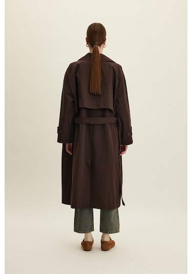 Manuka Kemerli Oversize Gabardin Trençkot Acı Kahverengi