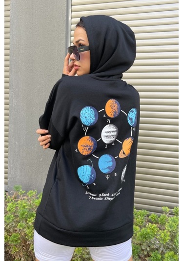 Modagen Kadın Oversize Siyah Sweatshirt Galaksi Baskılı Siyah