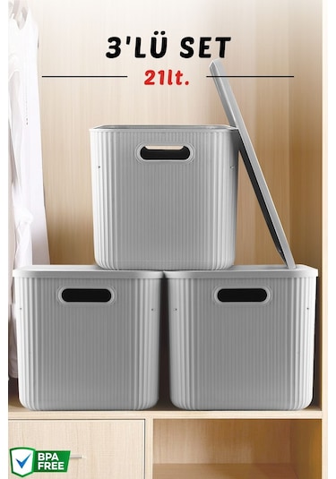 3'lü Set Çok Amaçlı Düzenleyici Depolama Kutusu Gri 21lt