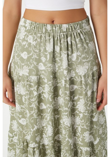 Kadın Caty Bel Lastikli Haki Krem Uzun Etek Yeşil