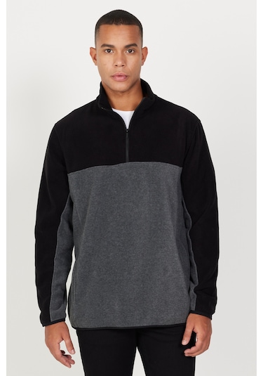 AC&Co / Altınyıldız Classics Erkek Sıyah A.melanj Anti-pilling Tüylenme Yapmayan Standart Fit Dik Yaka İçi Polarlı Çift Renk Polar Sweatshirt Antrasit Melanj - Siyah