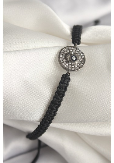 Pirinç Füme Renk Zirkon Taşlı Nazar Boncuk İşleme Makrome Asansörlü Model Kadın Bileklik - Tj-bb6788 Gümüş