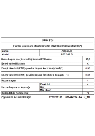 Arçelik AFC 342 G A Fry 72 L Ankastre Fırın