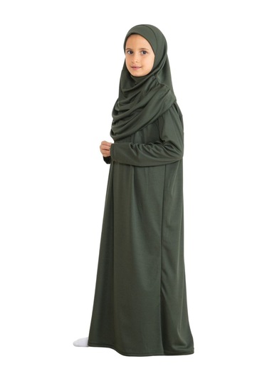 İki Parça Çocuk Elbisesi Seti Eşarp İle Takım Haki