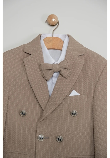 Erkek Çocuk Çizgili Ceket Gömlek Pantolon Papyonlu Takım Elbise Te.1001y Vizon