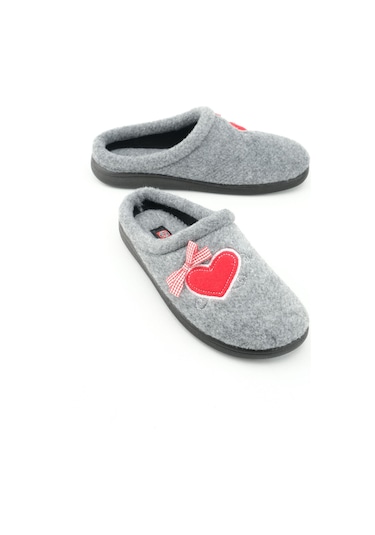 Gezer Kışlık Comfort Taban Nakışlı Kalp Desenli Keçe Ev Terliği Gri